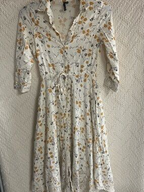 Cream Floral Midi Shirt Dress with Mustard Print